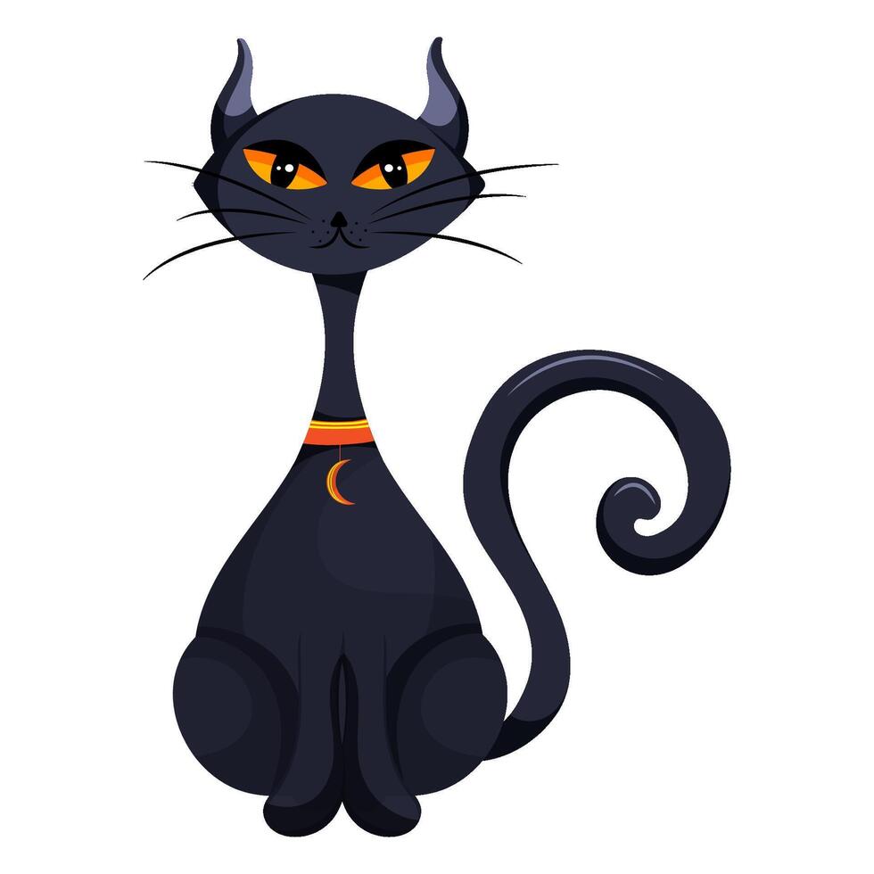 Black cat sitting and looking straight ahead. Silhouette cat element for Halloween design, logo. illustration on white background. vector