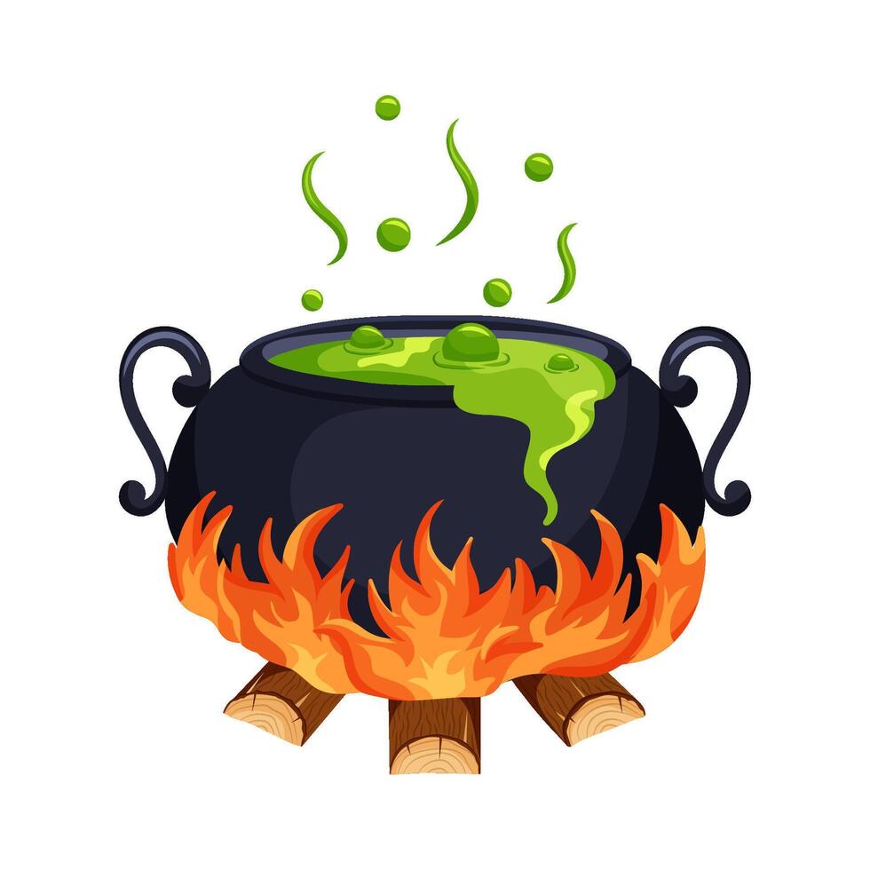 Green elixir in a magic cauldron on a fire. Symbol of witchcraft and mystical rituals. illustration for Halloween. vector