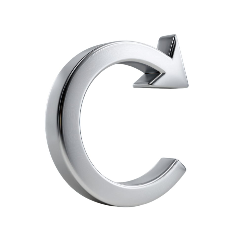 Silver metallic circular arrow symbol with shiny smooth surface representing refresh or reload concept in modern style png