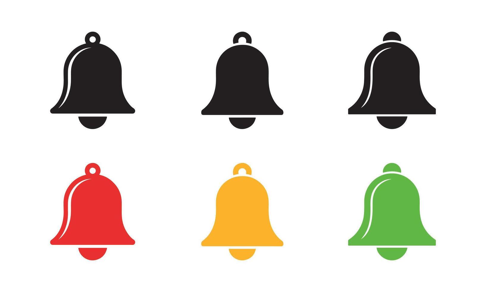Set of six notification bell icons in black, red, yellow, and green on white vector