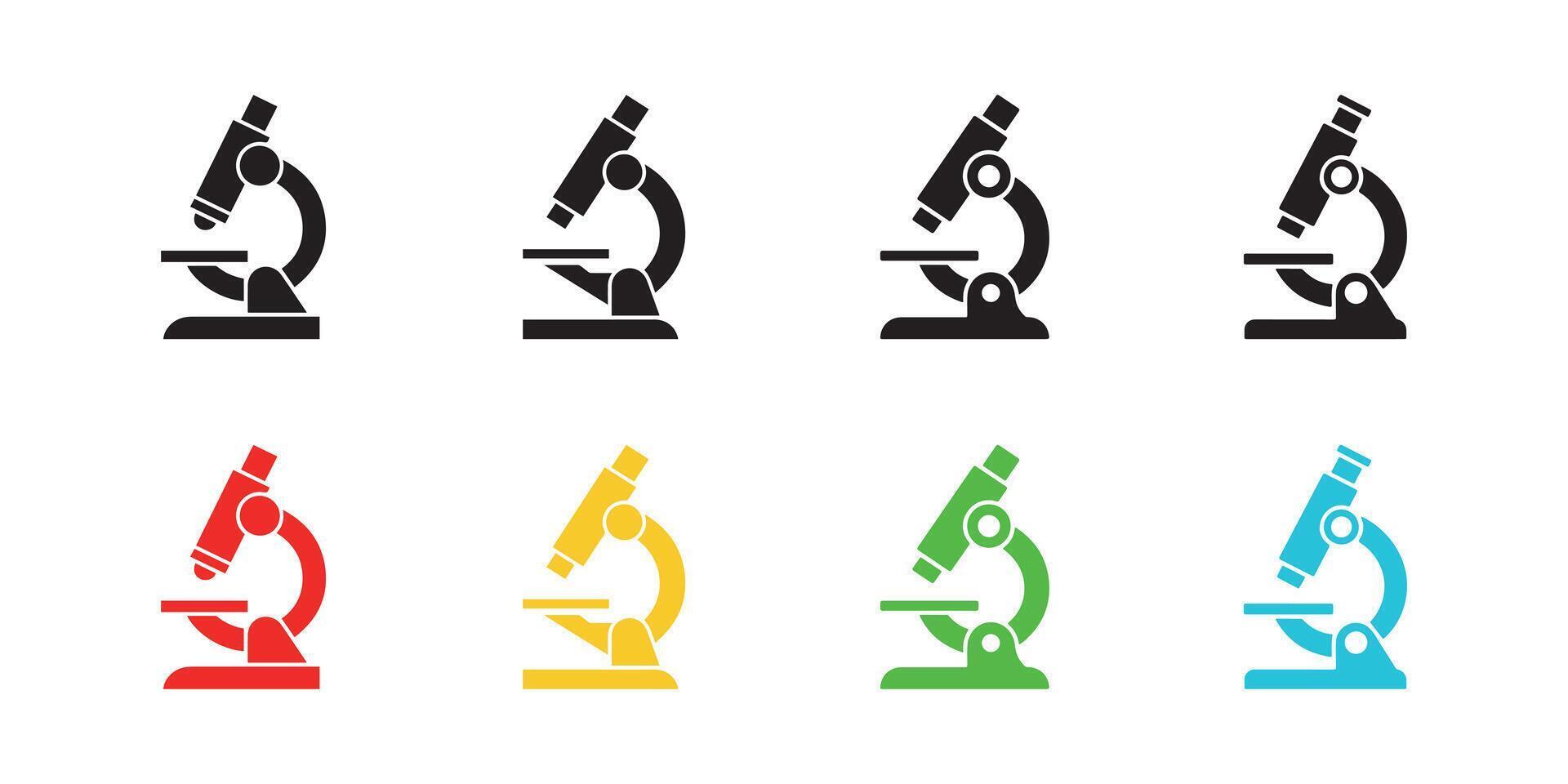 Eight colorful microscope icons in black, red, yellow, green, and blue on white background vector