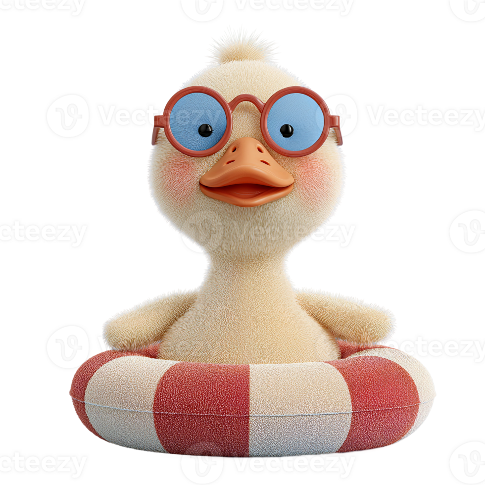 Cute Cartoon Duckling with Glasses and Floatie - Adorable 3D Render of a Fuzzy Baby Duck Ready for Summer Fun png