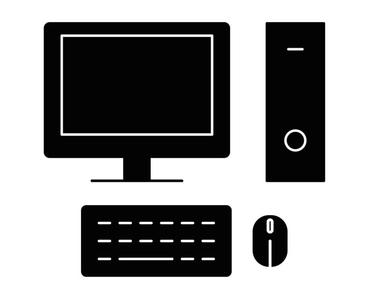 Black Silhouette of Computer Monitor, Keyboard, Mouse, and Tower Design vector