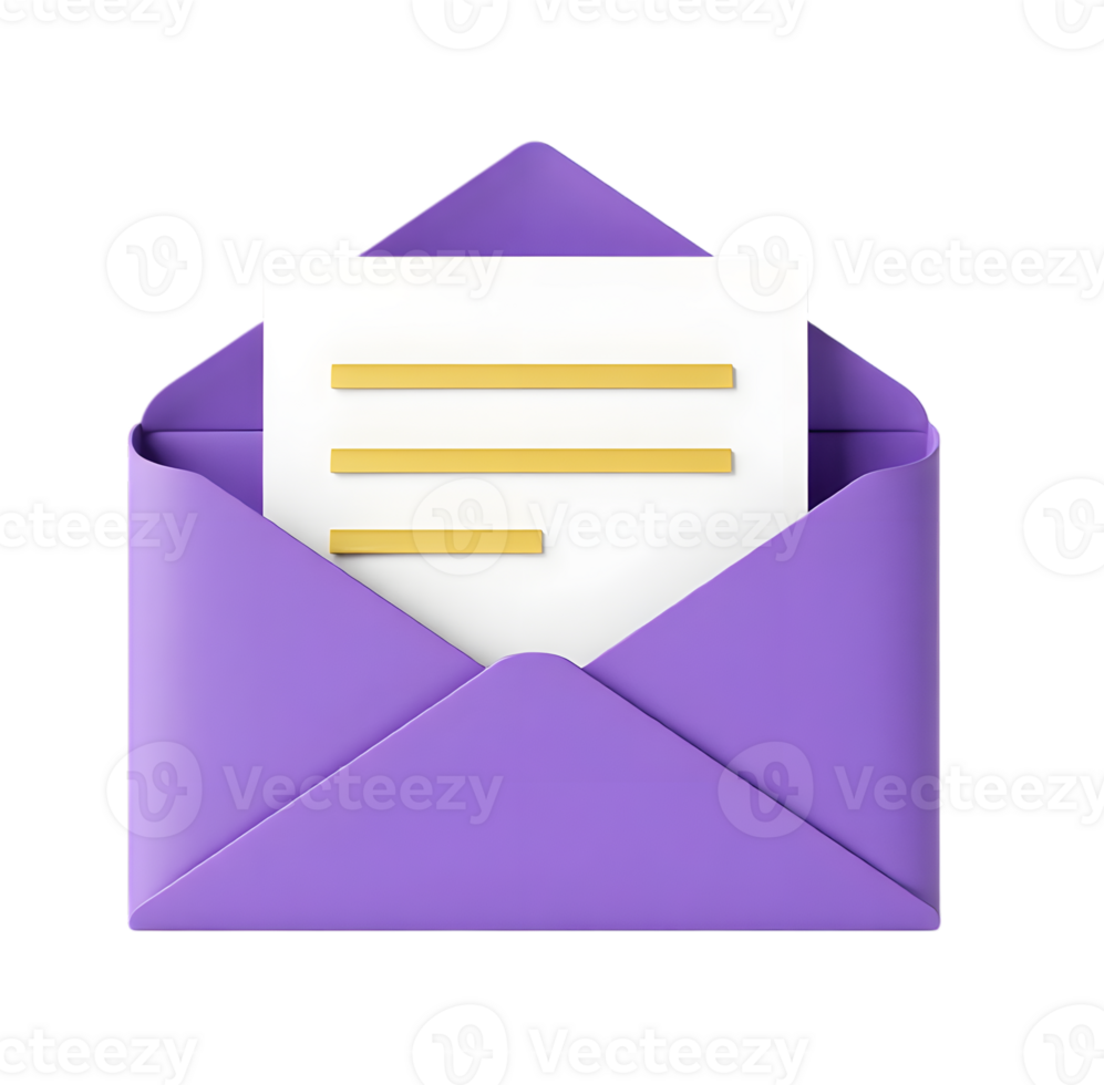 Open purple envelope with white paper and yellow lines isolated on transparent background png