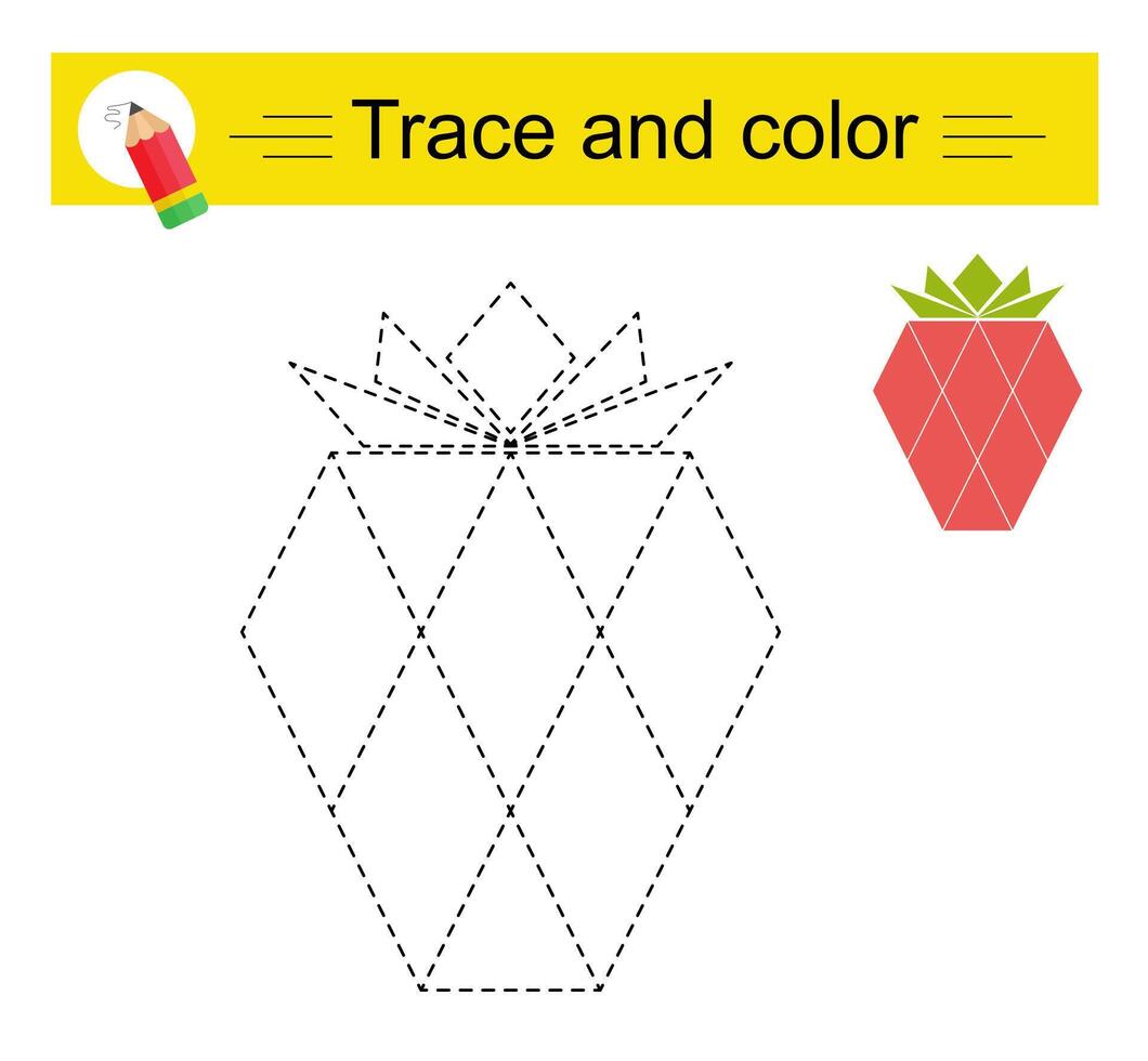 Trace and color for children. Preschool worksheet for practicing fine motor skills. Cartoon strawberry. vector