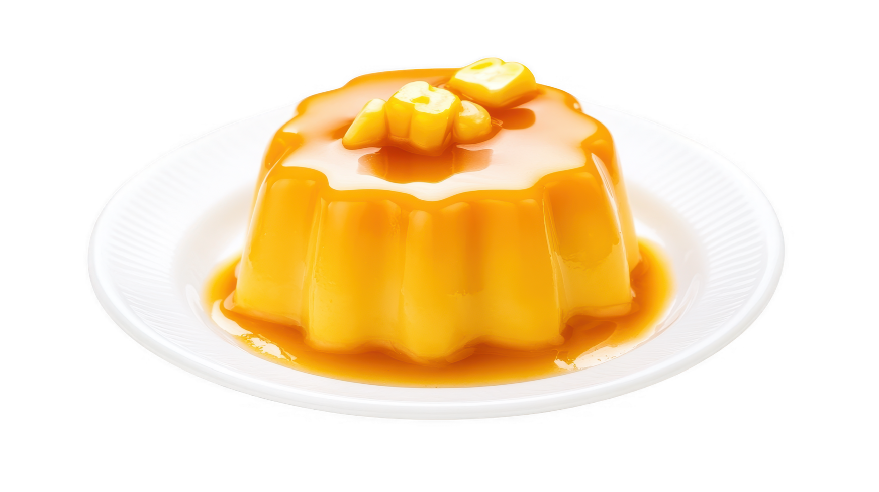 Golden Caramel Flan Dessert on White Plate with Transparent Background png