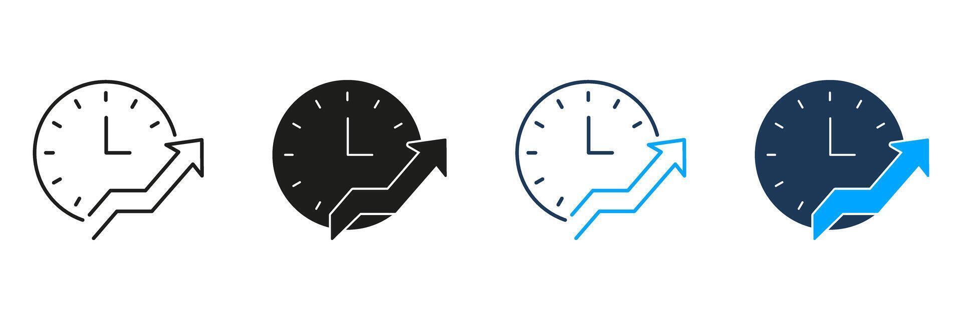 Clock With Upward Arrow Line And Solid Icon Set. Time Management, Productivity Growth, Efficiency Improvement Symbol Collection. Business And Performance Optimization. Isolated Illustration vector