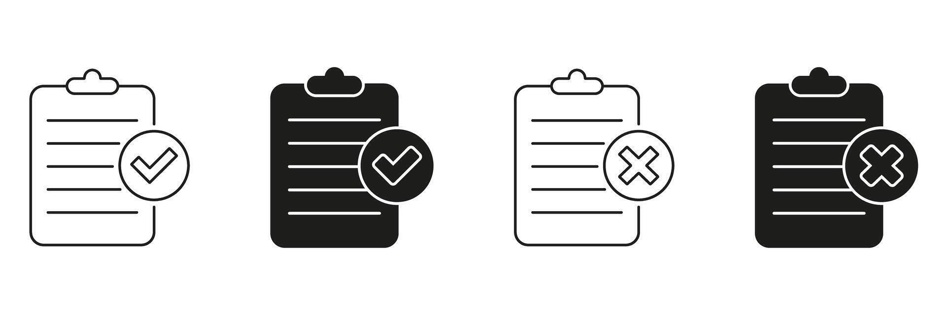Clipboard With Check And Cross Marks Line And Solid Icon Set. Task Completion And Error Indication Symbol Collection. Project Management And Quality Control. Isolated Illustration vector
