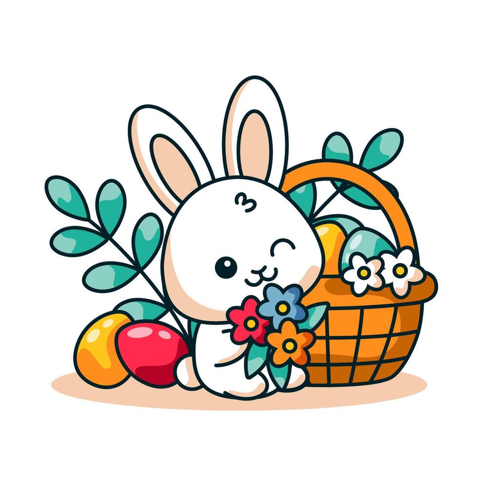 Bunny with flowers and Easter basket vector