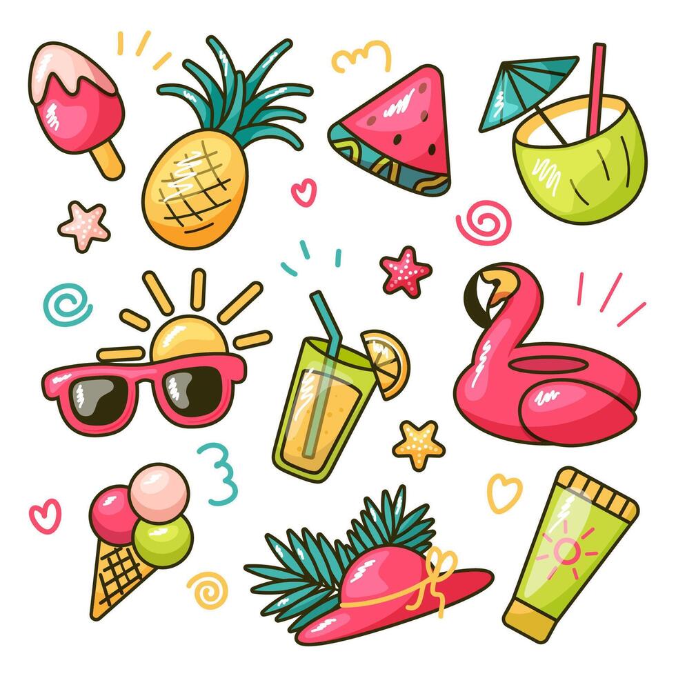 Colorful summer icons and illustrations vector