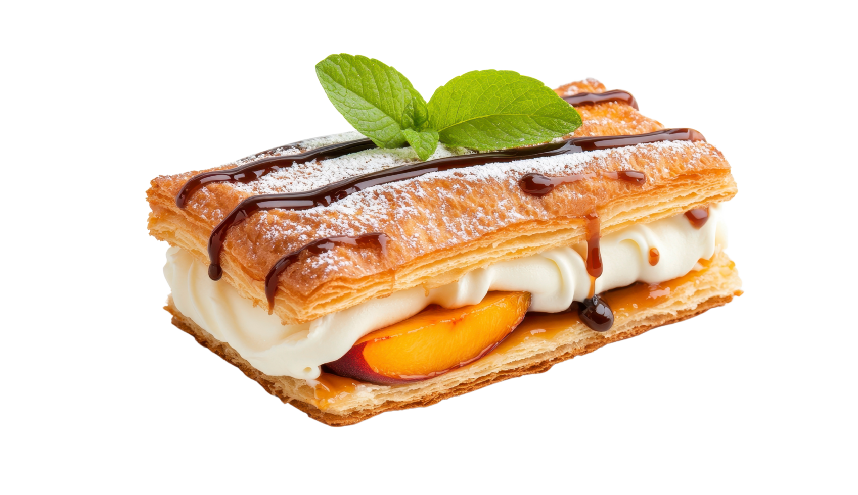 Peach and Cream Puff Pastry Dessert with Chocolate Sauce png