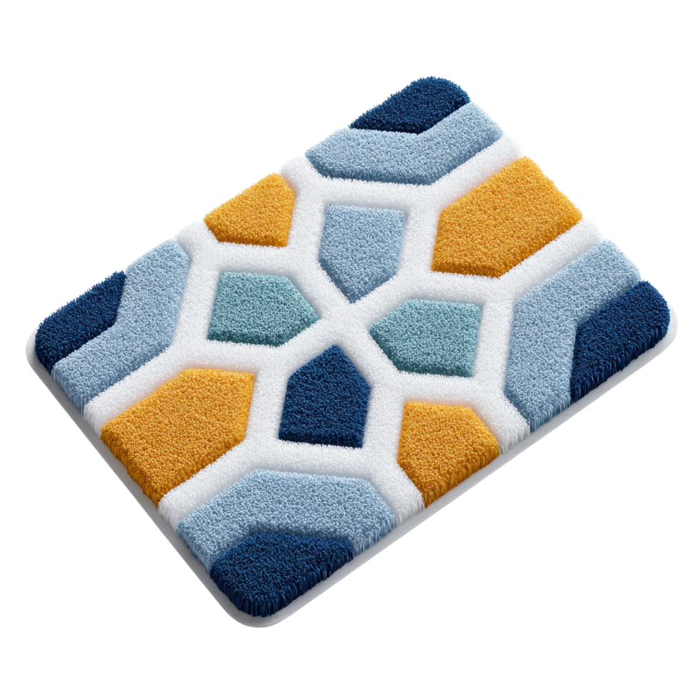 Textured Geometric Bath Mat in Blue, Yellow, and White png
