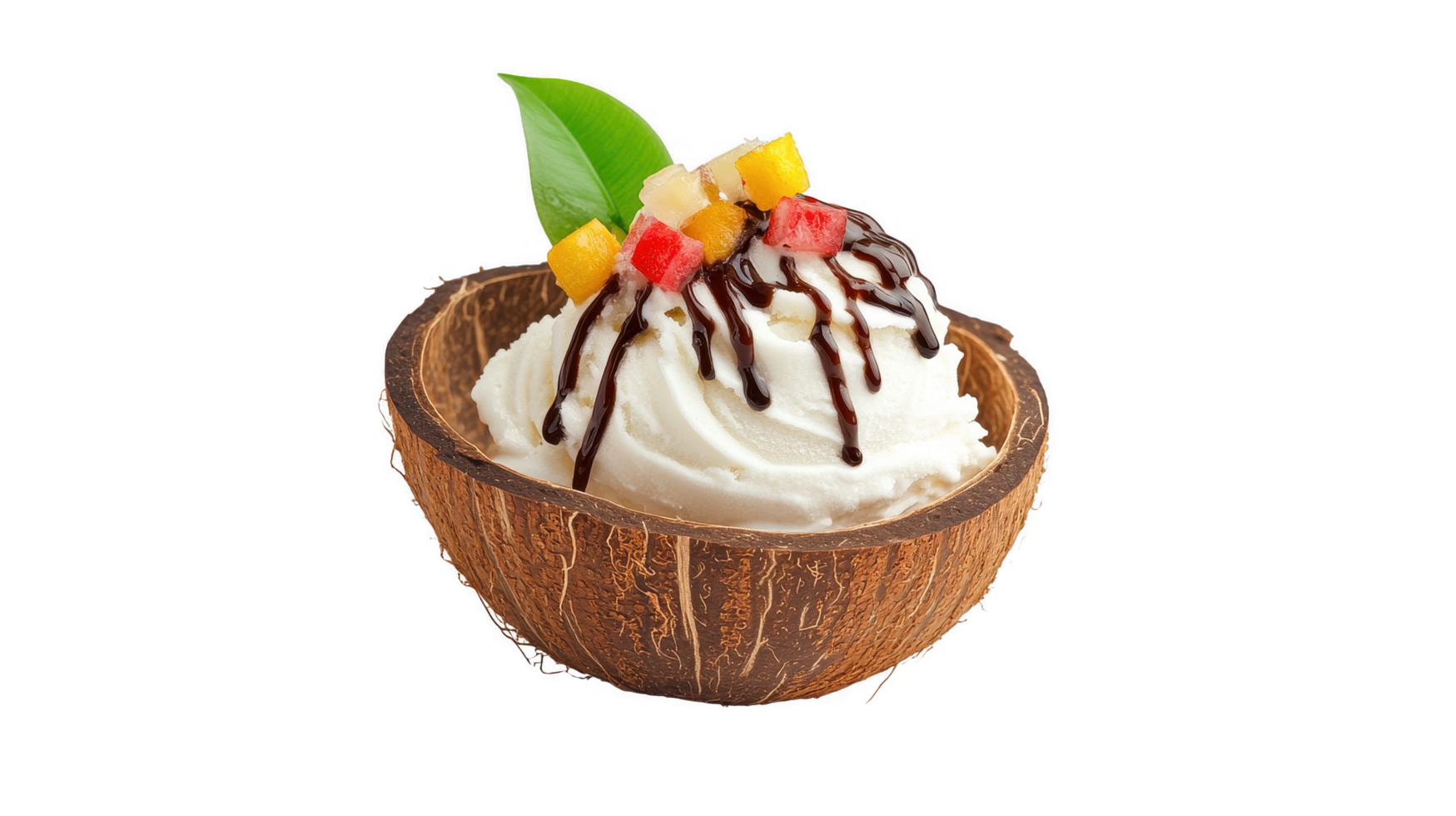 Vanilla Ice Cream in Coconut Shell with Chocolate Sauce and Fruit png