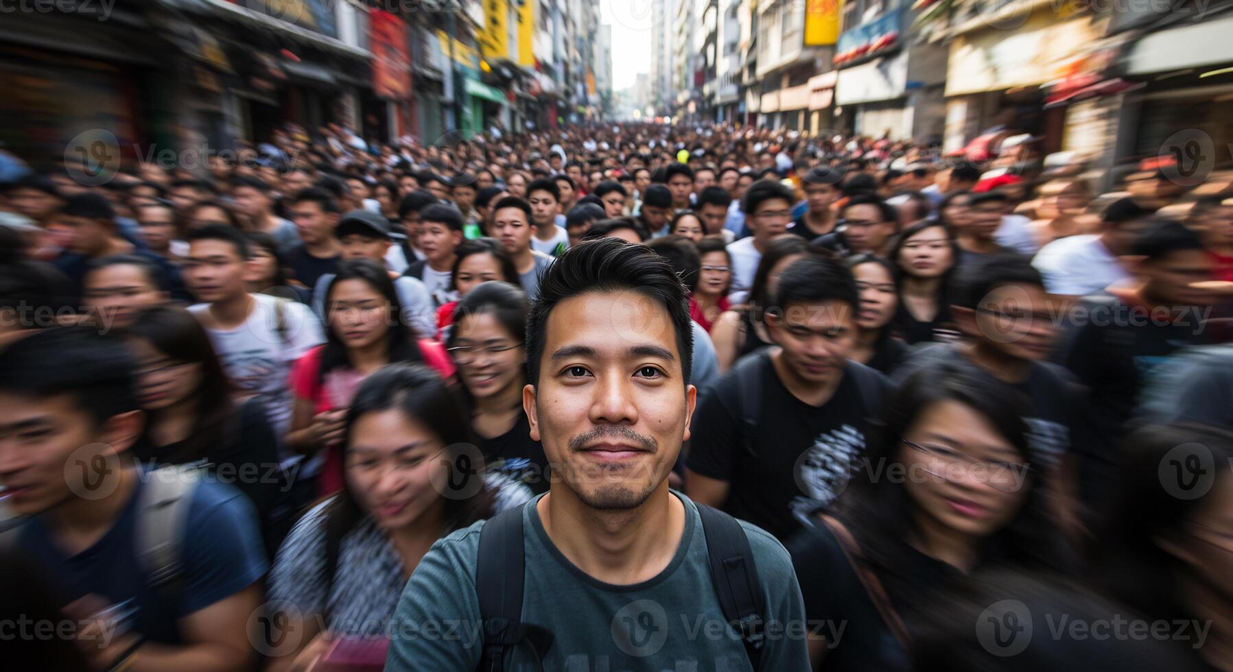 Man smiles at camera in a vast urban crowd, motion blur suggests movement and energy. photo