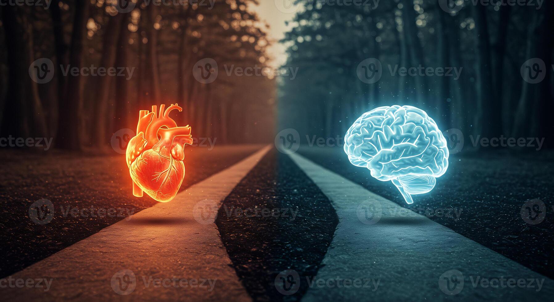 Symbolic image of human heart and brain, representing emotion and logic. photo