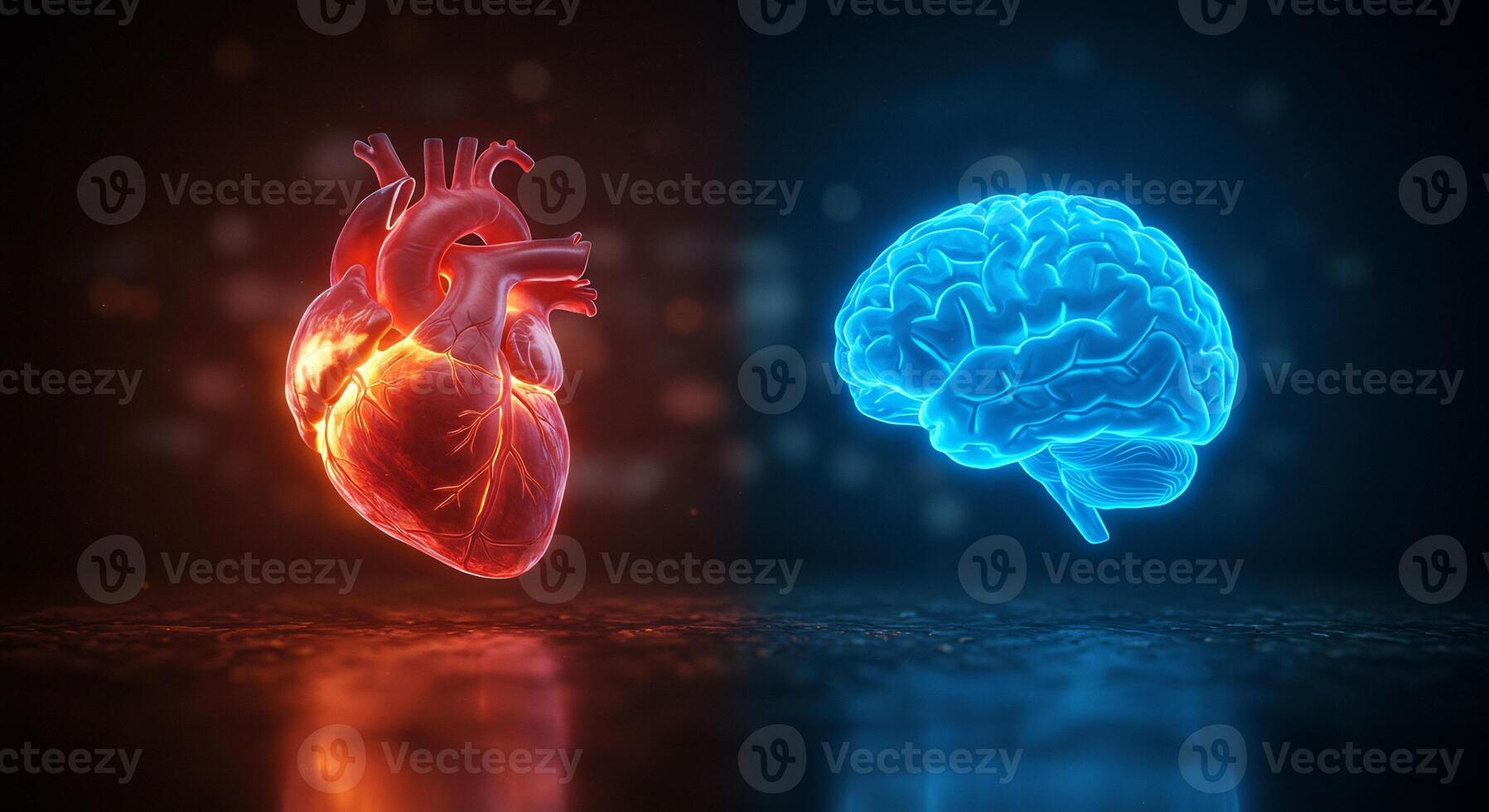 Conceptual image of human heart and brain illustrating emotion versus logic or health. photo