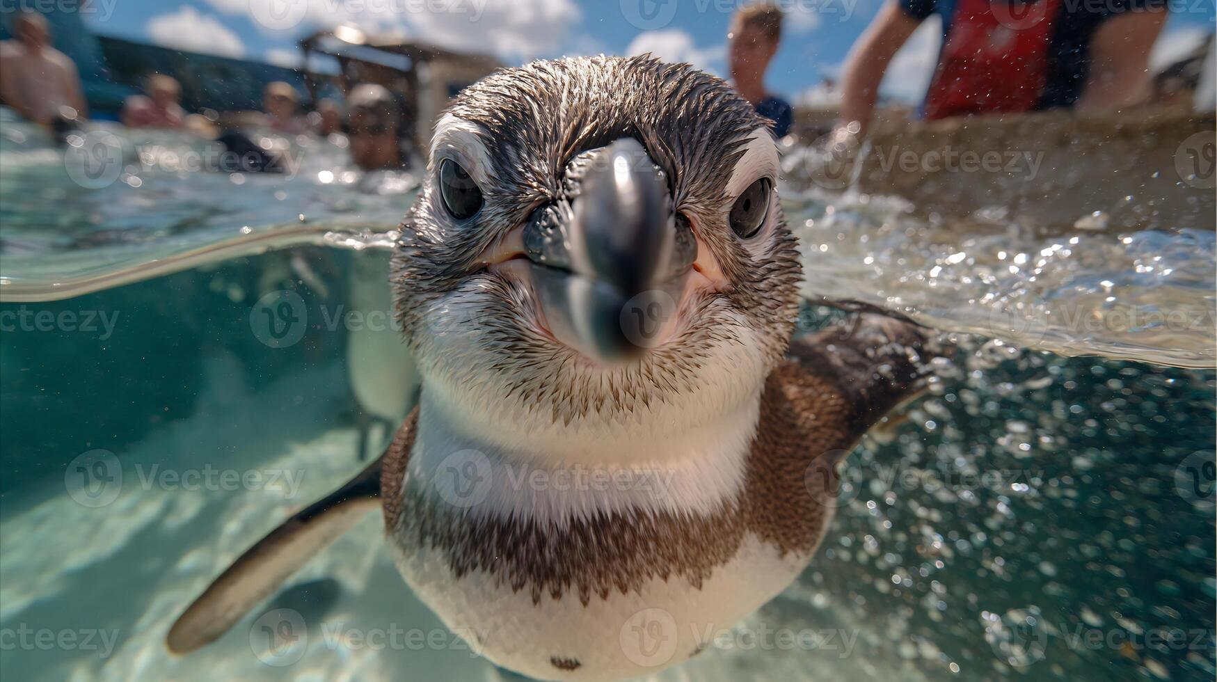 A captivating close-up of a young penguin swimming with its head partly out of clear water. photo