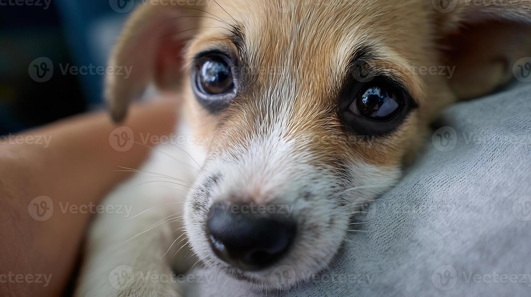 A cute, small puppy with big brown eyes is held, looking at the camera. photo