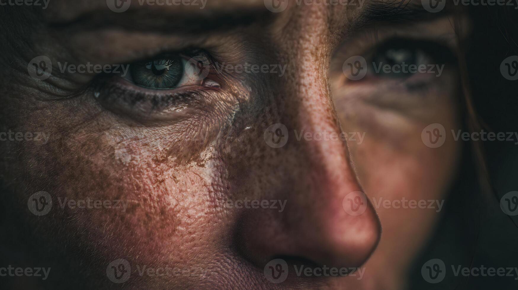 A close-up view of a person crying, tears running down their face, expressing pain. photo