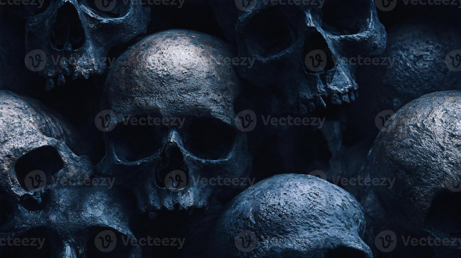 Close-up of a stack of old human skulls, dark and eerie texture. Macabre and grim background. Seamless tile. photo