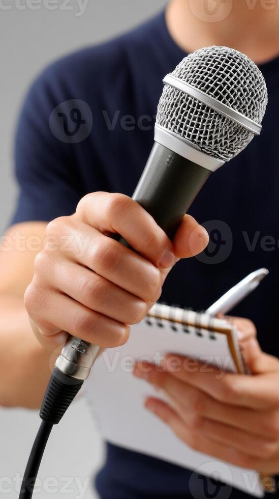 A person holding a microphone and writing on a notepad photo