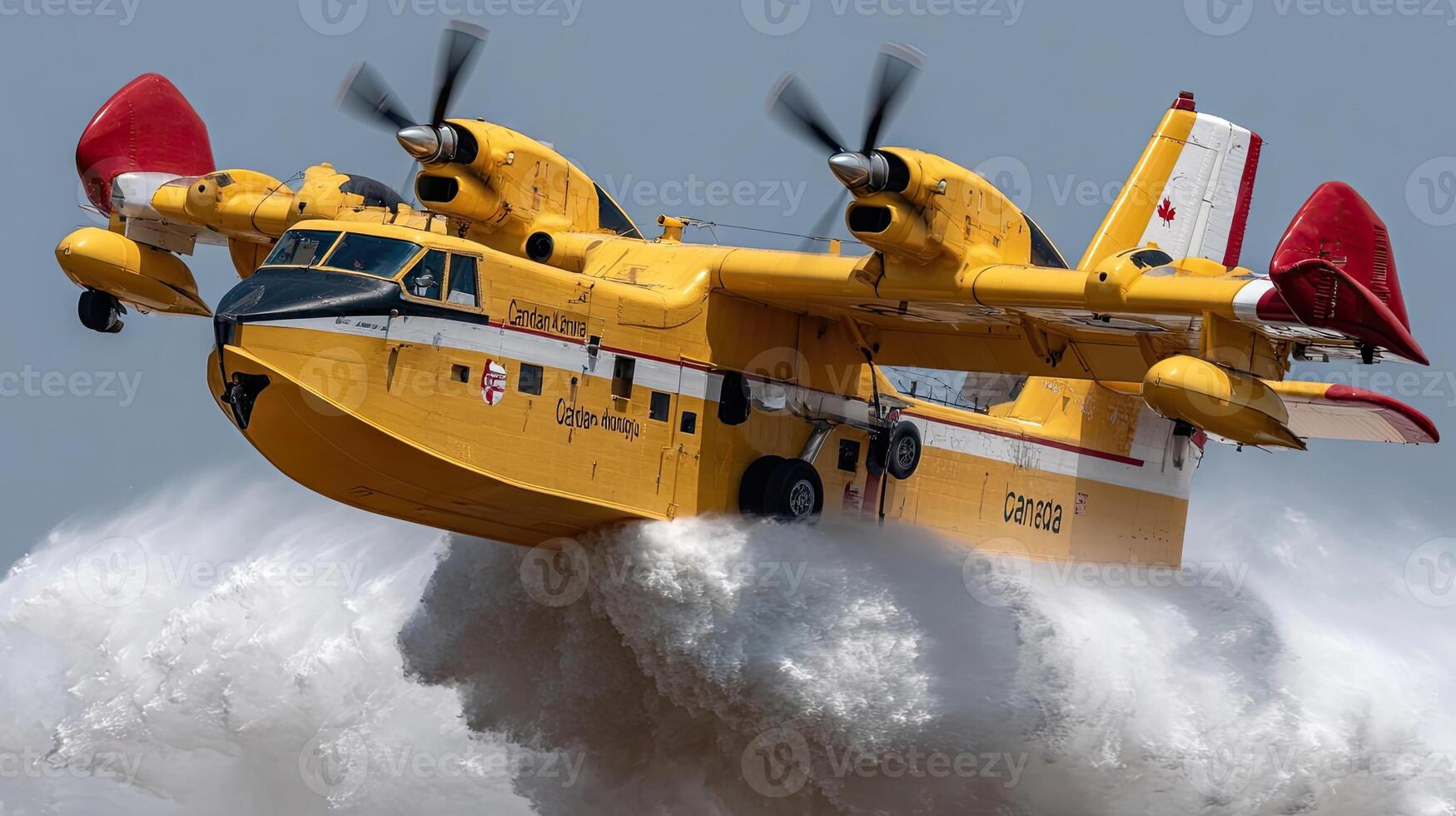 A yellow and red plane flying over a wave photo
