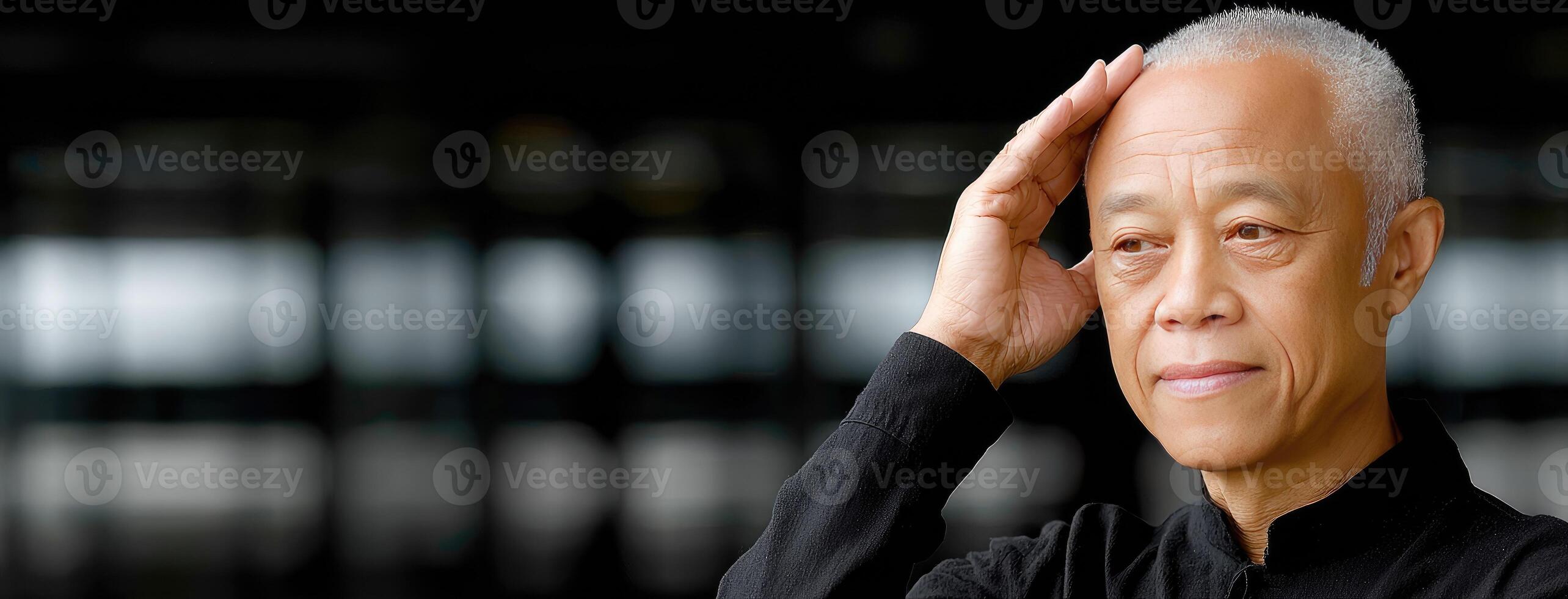 An older man with white hair and a black shirt photo