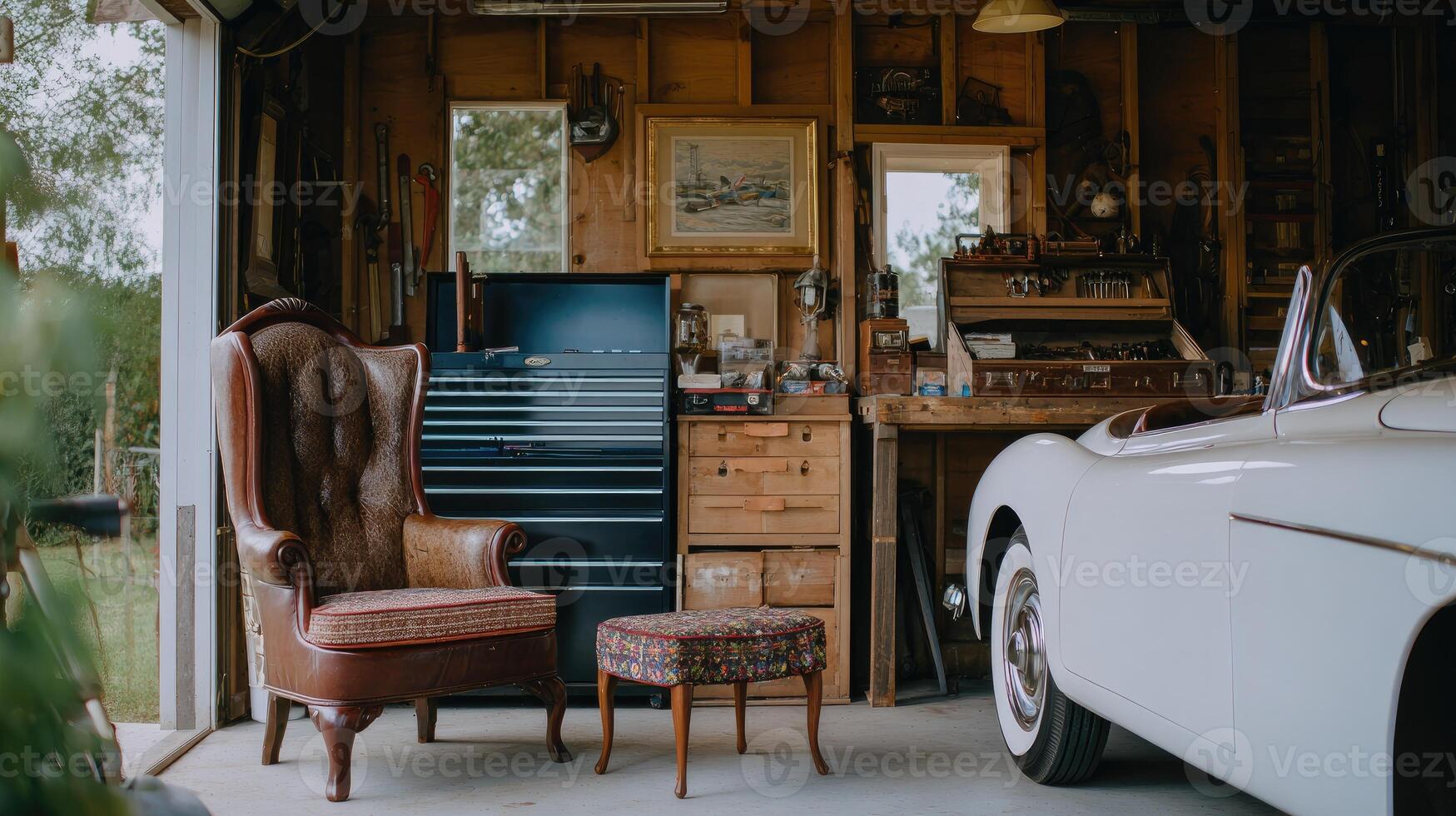 A vintage car sits in a garage with a chair and a cabinet photo