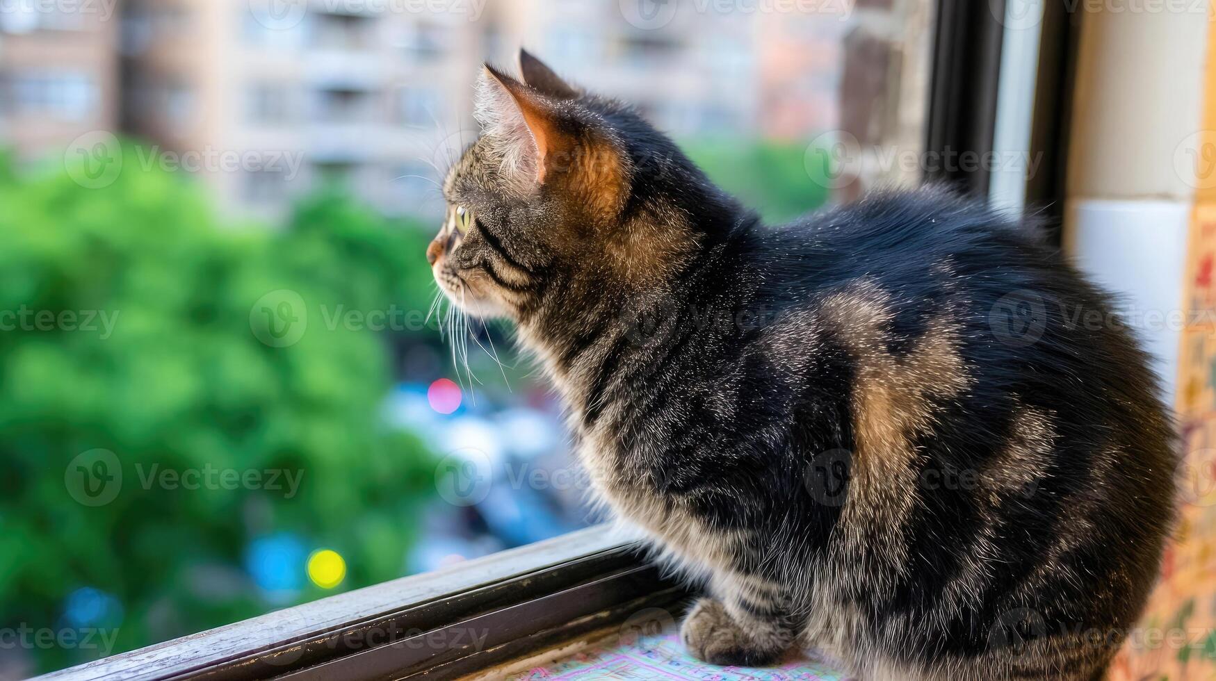A cat sitting on a window sill looking out photo