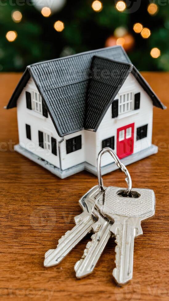 Home keys on a table with a house model in the background photo