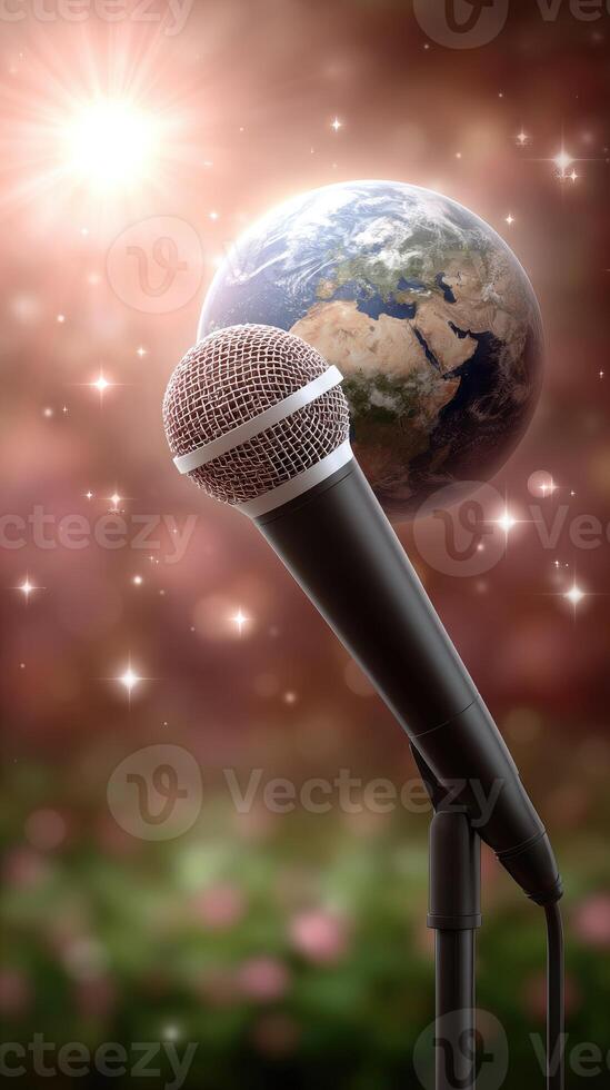 A microphone with a globe in the background photo