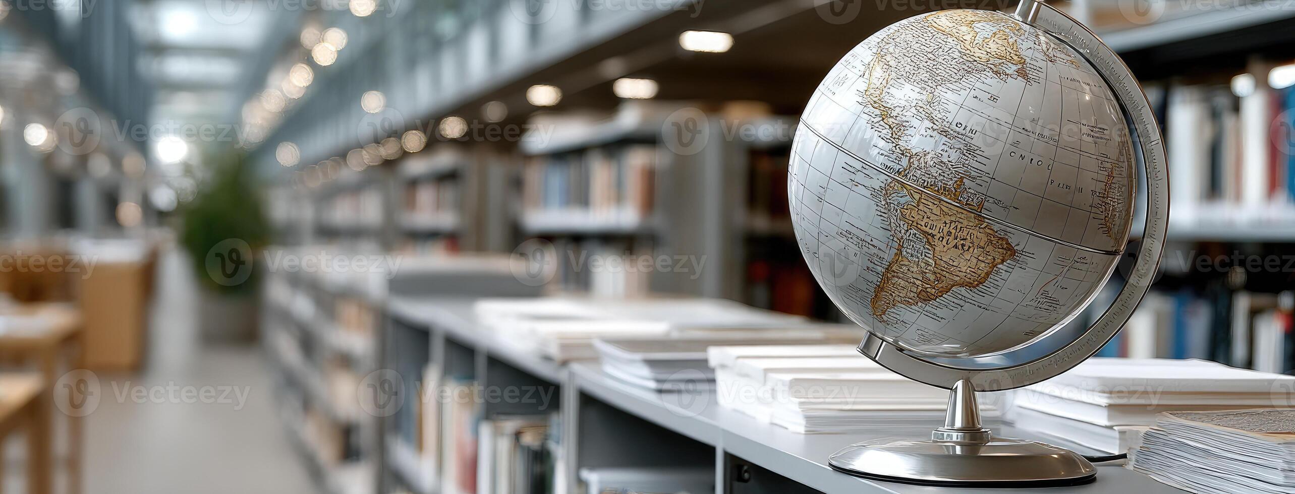 A globe on a desk in a library photo