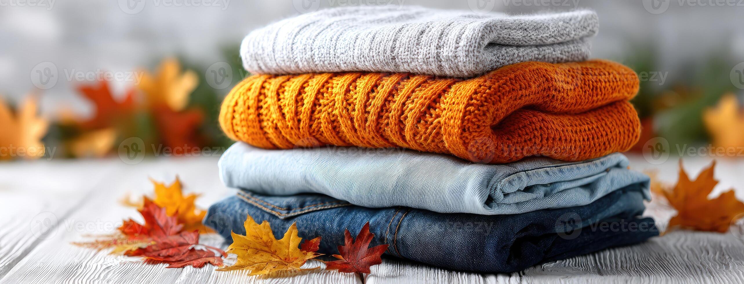 Three pairs of jeans and a sweater are stacked on top of each other photo