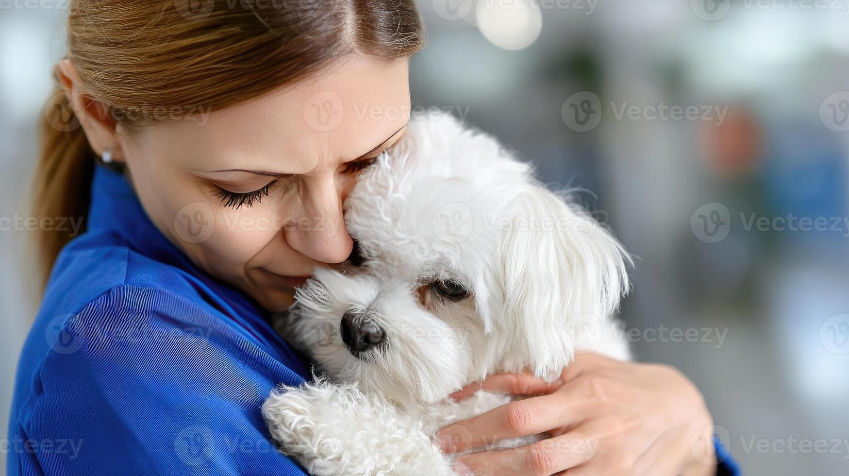 A woman is hugging a white dog photo