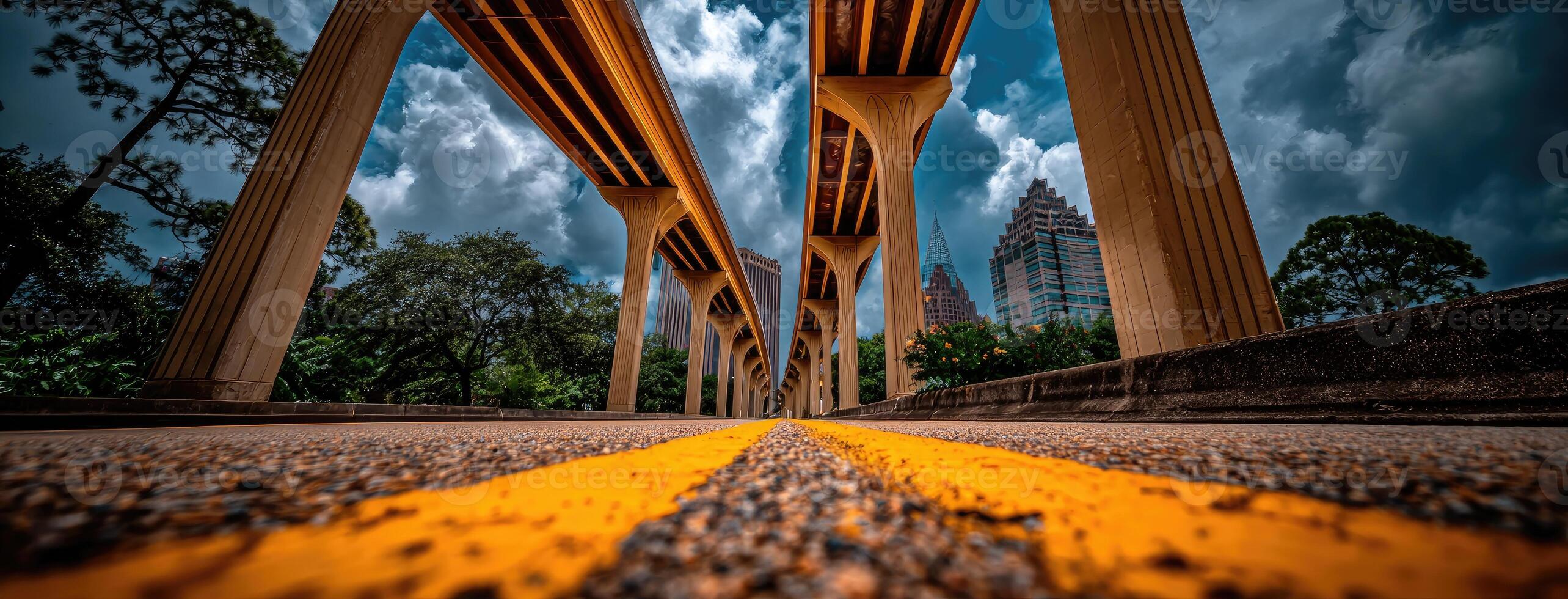 A view of the road under an overpass with clouds in the background photo
