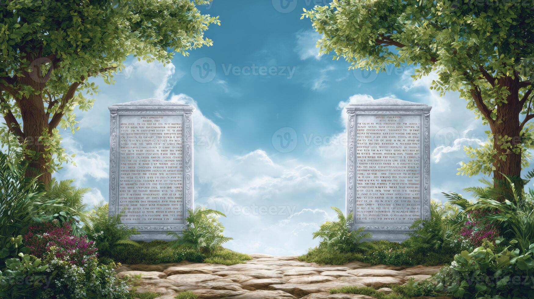 Two pillars in the middle of a field with trees and grass photo