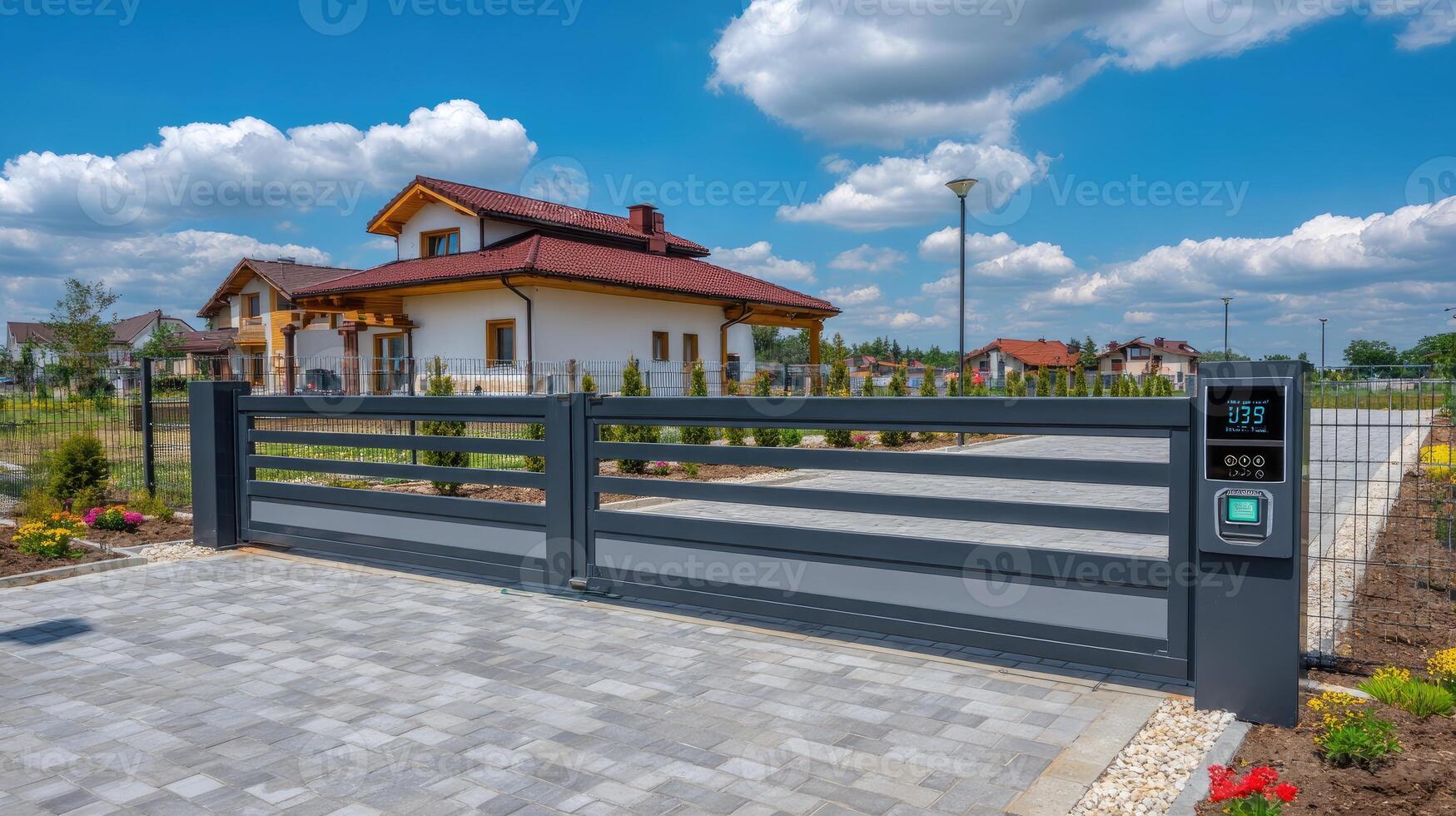 A gate with a gate and a house in the background photo