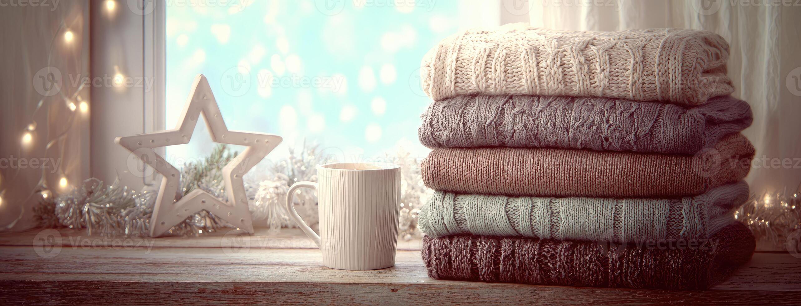 A stack of sweaters and a mug on a window sill photo
