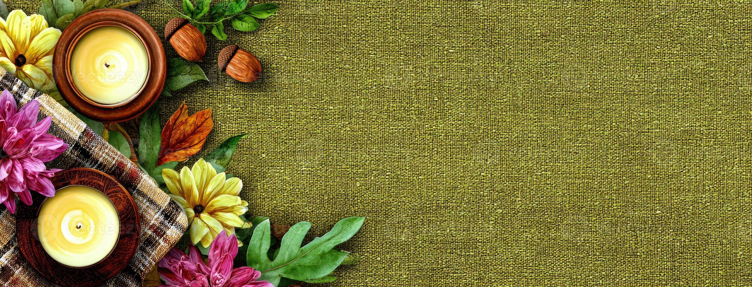 A green cloth with flowers and candles photo