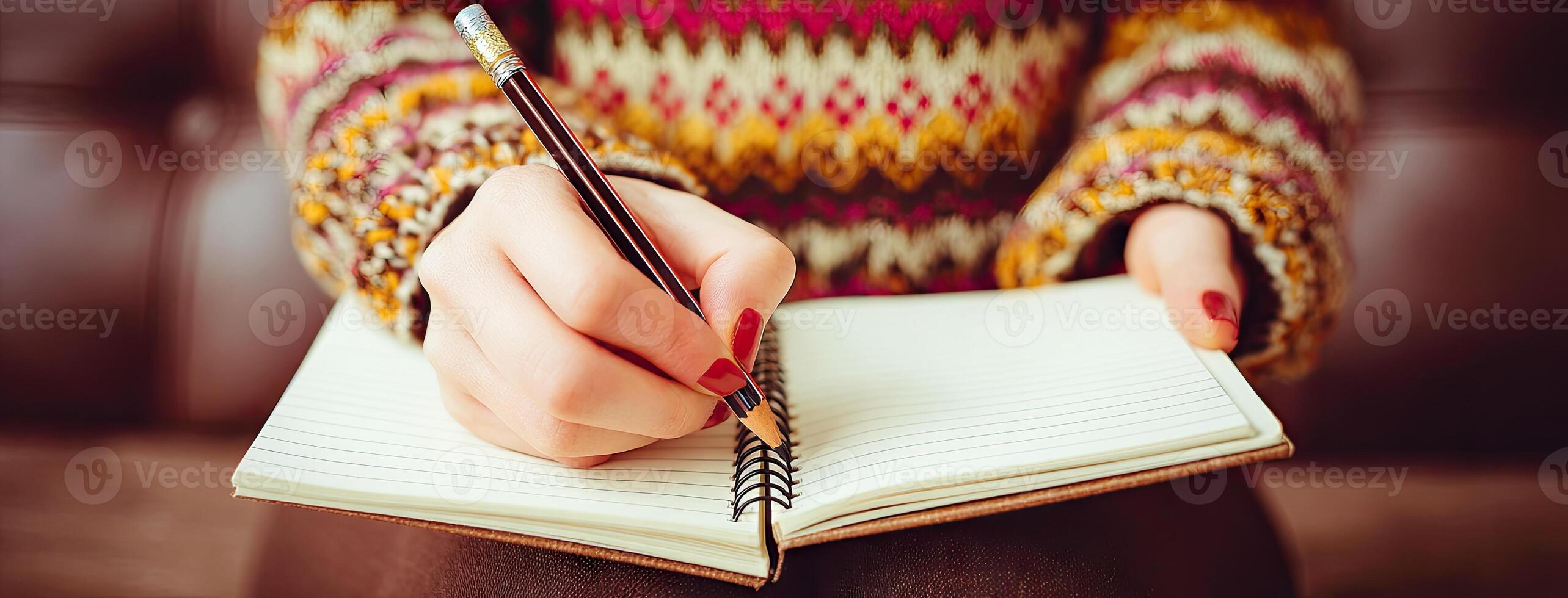 A person is writing in a notebook with a pen photo