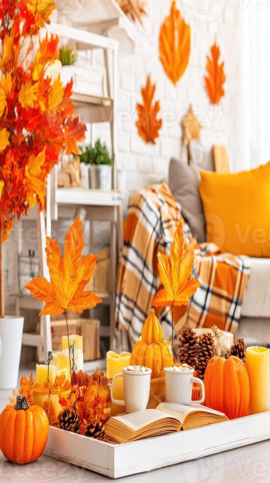 A table with fall decorations and pumpkins photo