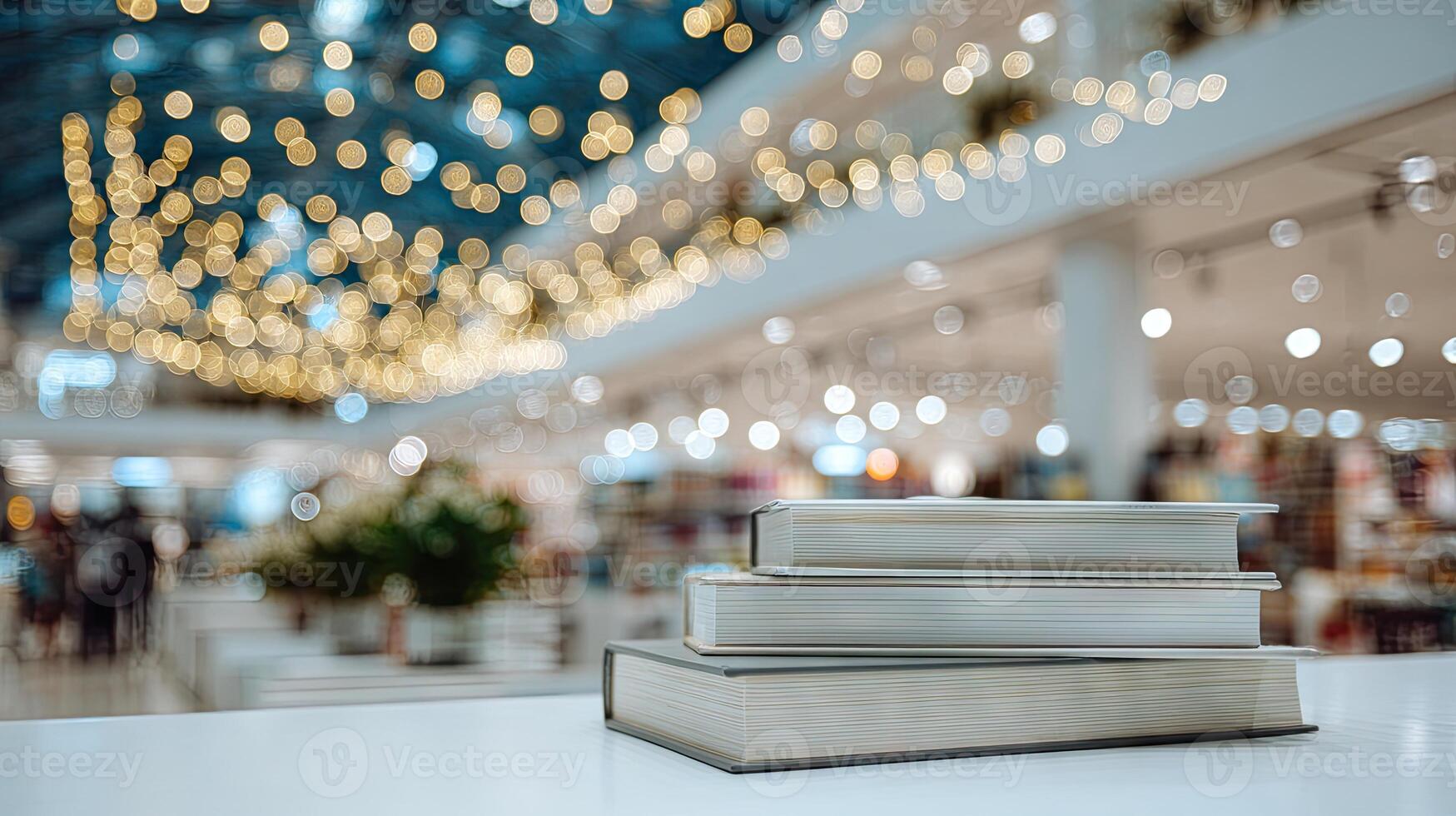 A stack of books on a table in front of a store photo