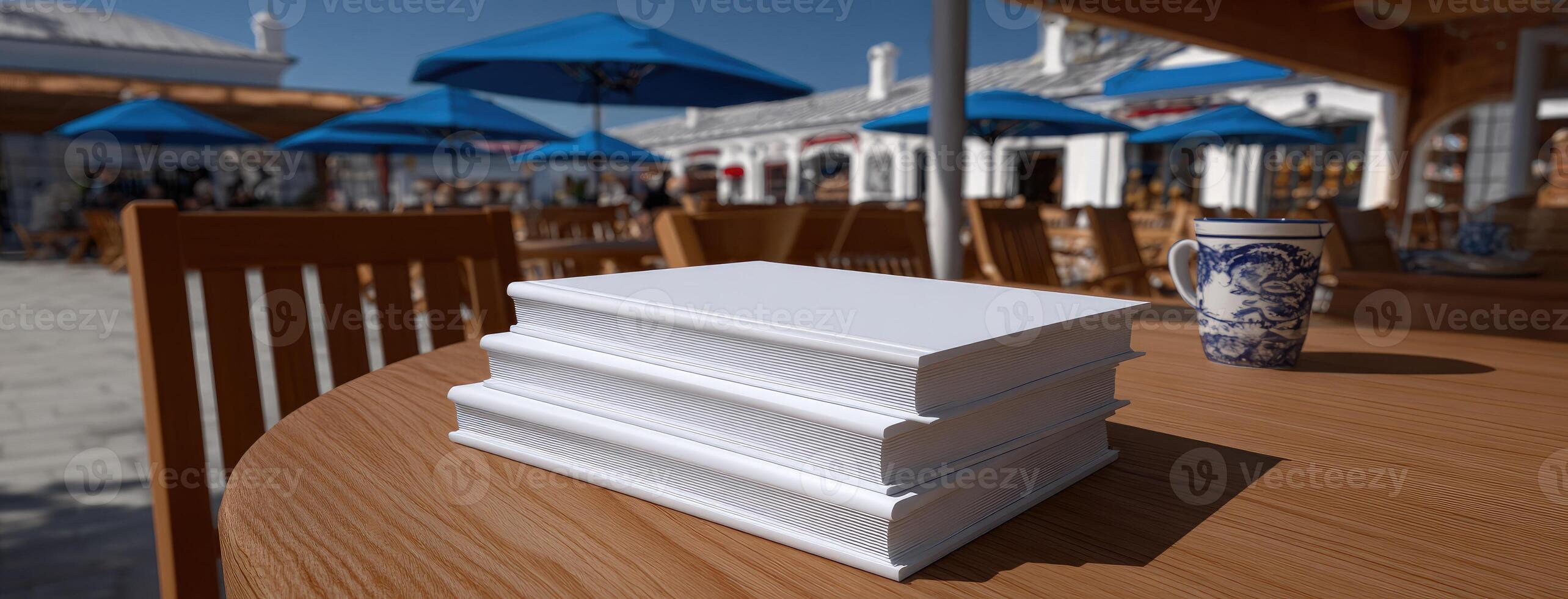 A stack of books on a table in front of a blue umbrella photo