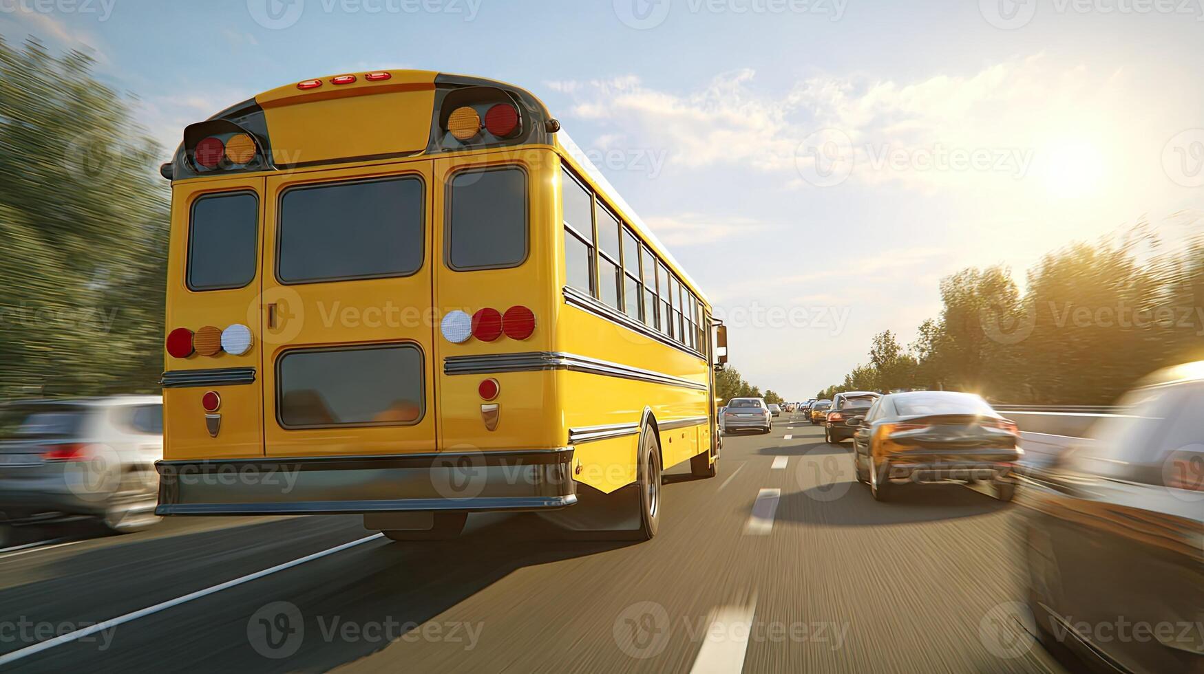 A yellow school bus driving on a highway photo