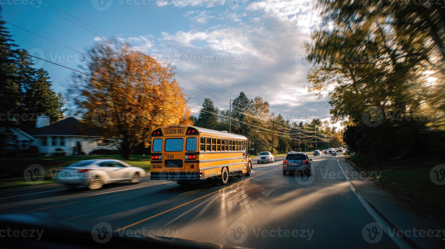 A school bus driving down a street photo
