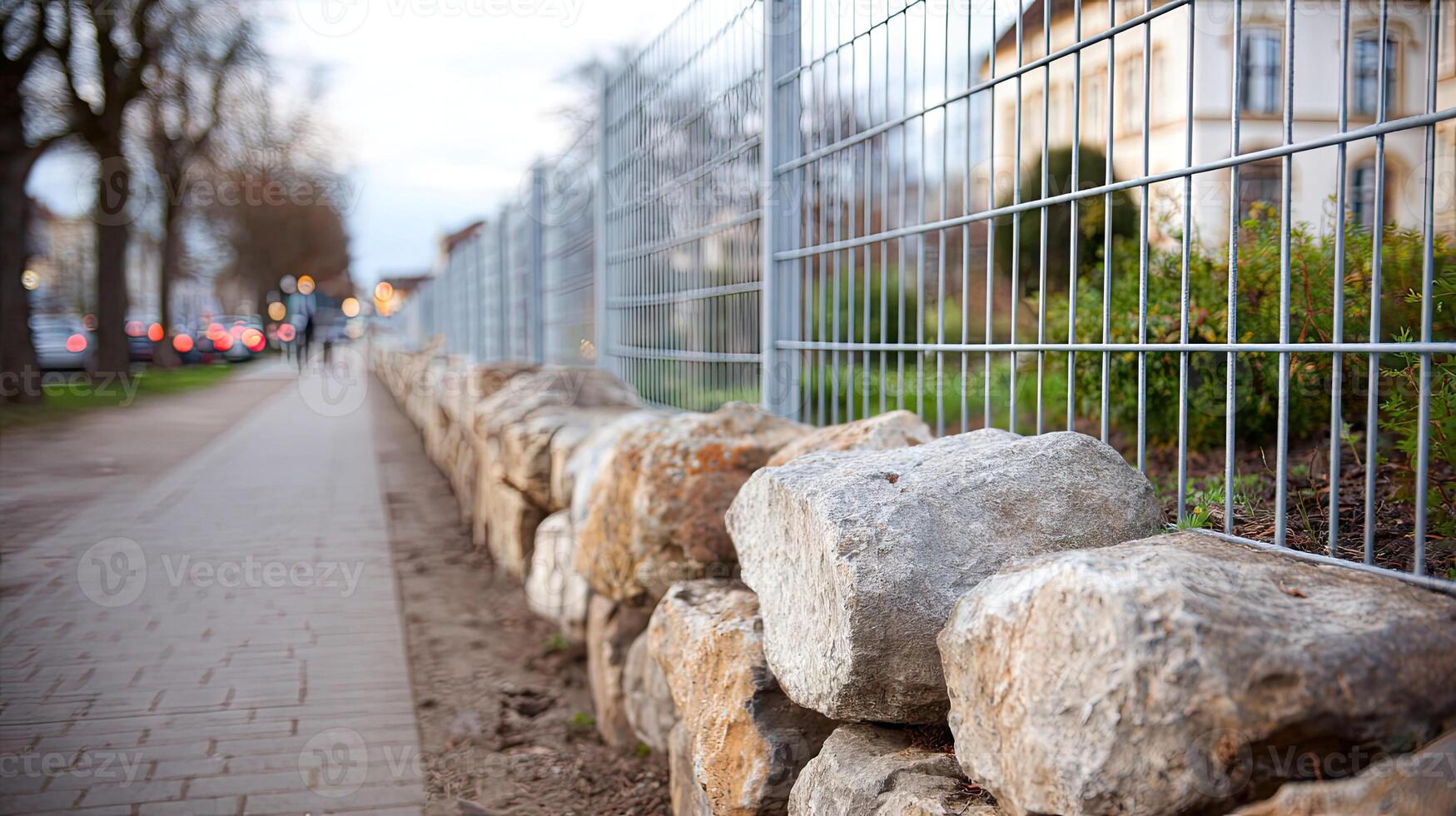 A fence with rocks on the side of the road photo