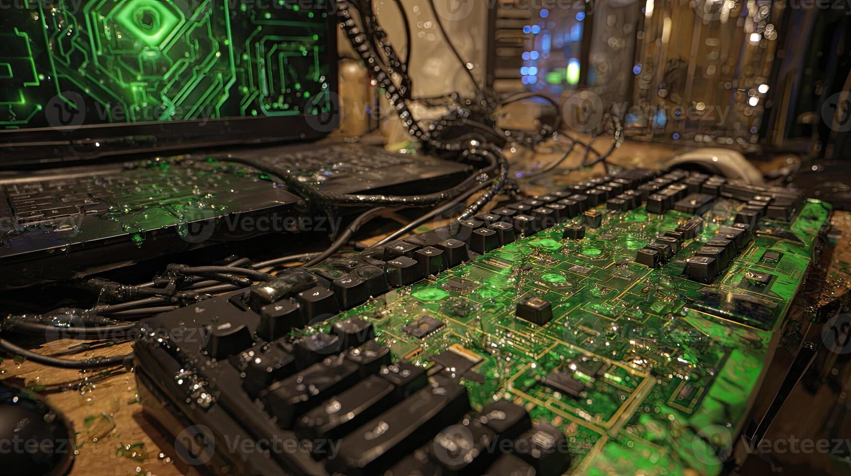 A computer keyboard with green lights photo