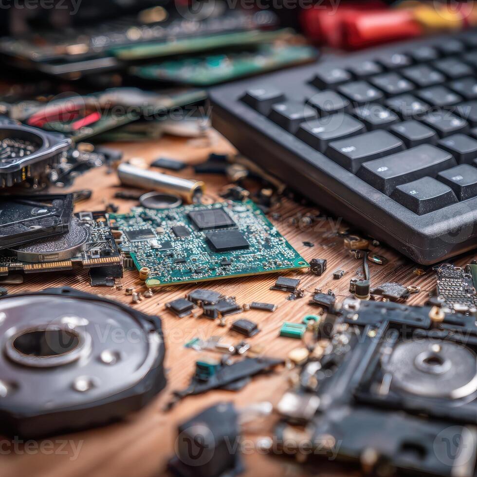 A computer keyboard, mouse and other electronic components on a table photo