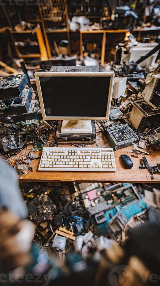 A computer and keyboard sitting on a desk surrounded by junk photo