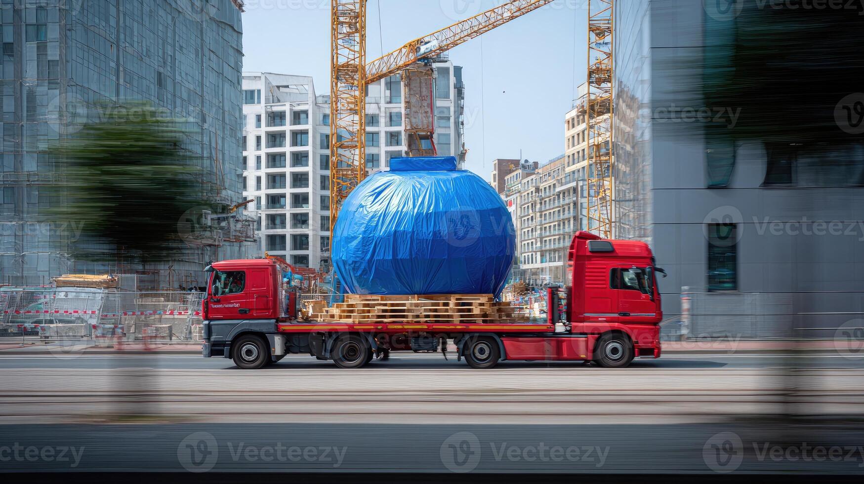A large blue container truck driving down a street photo